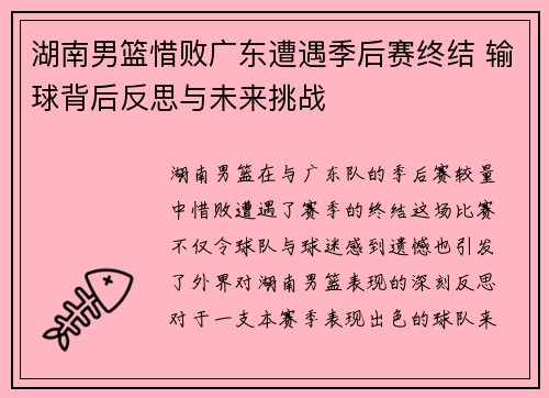 湖南男篮惜败广东遭遇季后赛终结 输球背后反思与未来挑战