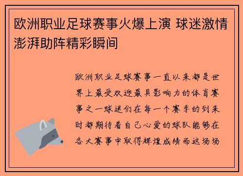 欧洲职业足球赛事火爆上演 球迷激情澎湃助阵精彩瞬间