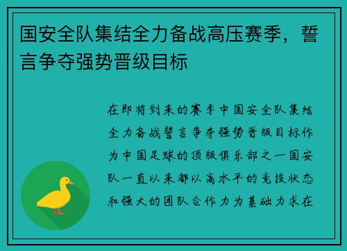 国安全队集结全力备战高压赛季，誓言争夺强势晋级目标